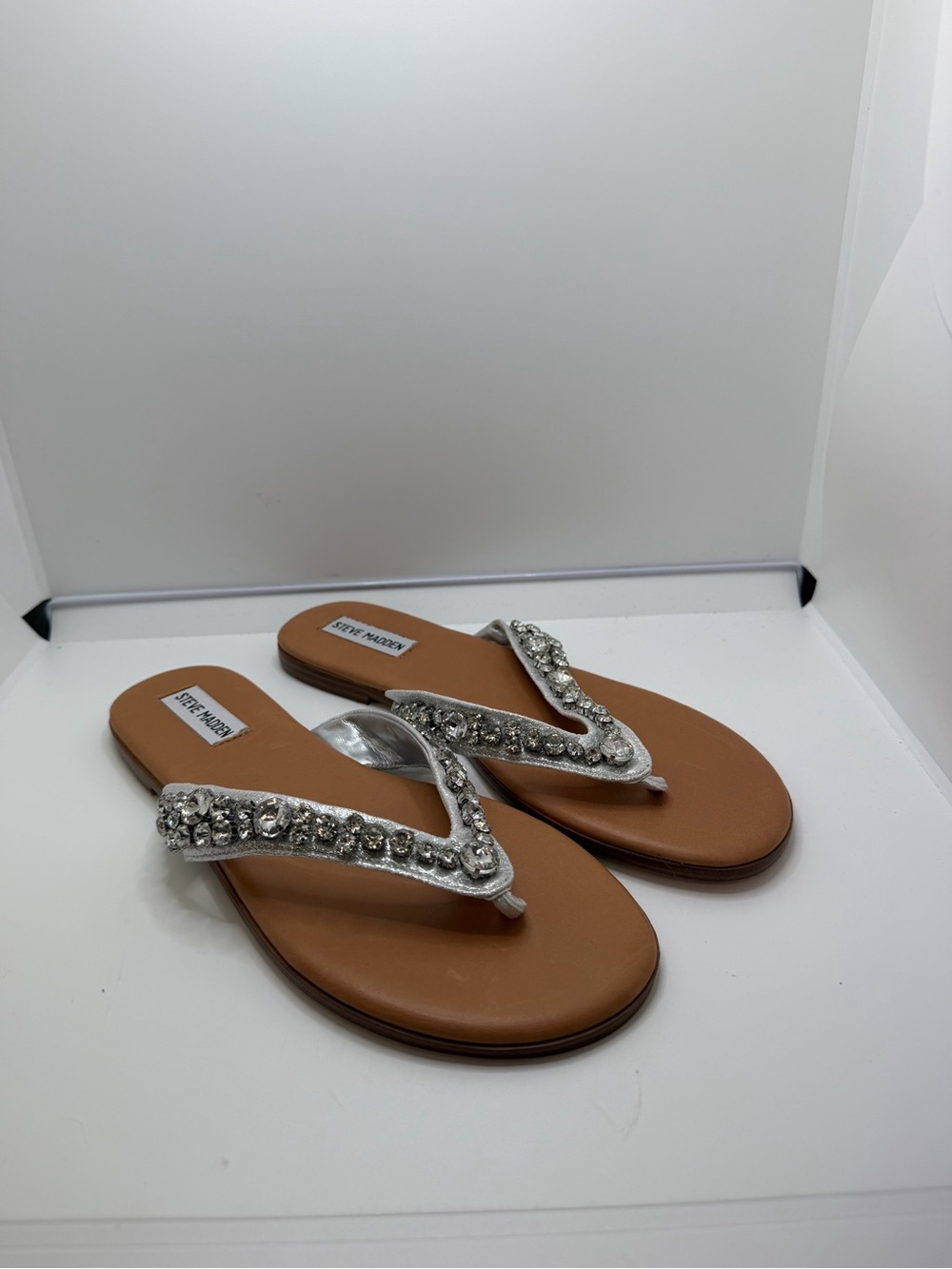 Steve Madden Silver Jeweled Thong Sandals - Brown Footbed